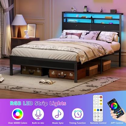 Full Size Bed Frame with Headboard & 2 Fabric Drawers, Black Oak