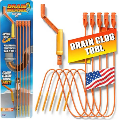 FlexiSnake Drain Weasel Sink Snake Hair Clog Remover Tool Kit, 5 Wands | Pipe, Bathroom, Bathtub Cleaner, 18-inch Long Refills, Flexible, Removable Handle, Made in The USA