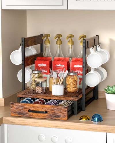 Evermagin Coffee Pod Holder Compatible with Nespresso,Fit 28 Large/56 Small | Coffee Pod Organizer Drawer Station with Cup Rack, Vertuo Pod Holder for Home and Office,Rustic Brown
