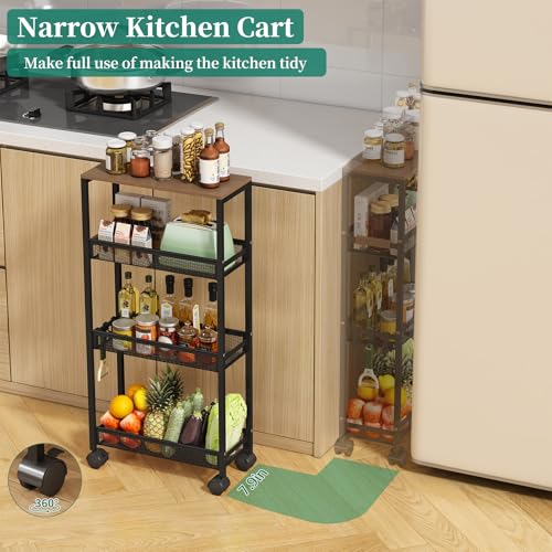 Utility Slim Storage Cart, 4 Tier Rolling Cart with Wheels, Narrow Storage Cabinet for Bathroom, Laundry Shelves for Room Organization, Small Organizer for Kitchen, Office and Dorm (Black)
