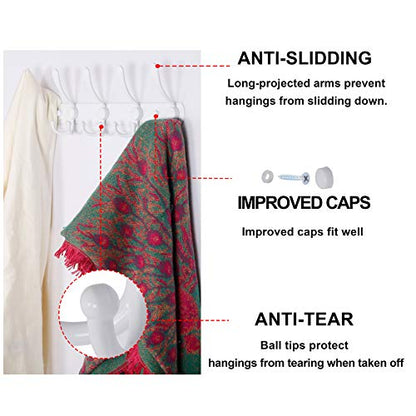 Wall Mounted Coat Rack - 5 Tri Hooks, Heavy Duty, Stainless Steel, Metal Coat Hook Rail for Coat Hat Towel Purse Robes Mudroom Bathroom Entryway (White, 2 Packs)