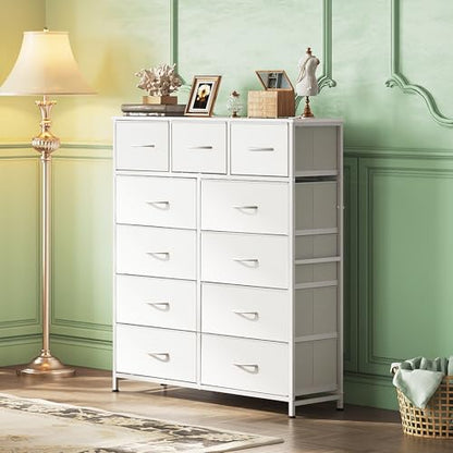 WLIVE Tall Dresser for Bedroom, 11 Drawer Chest of Drawers, White | 11 fabric storage drawers, Tall high-capacity design, Bedroom or dorm use, Sturdy steel frame, Smooth wood tabletop