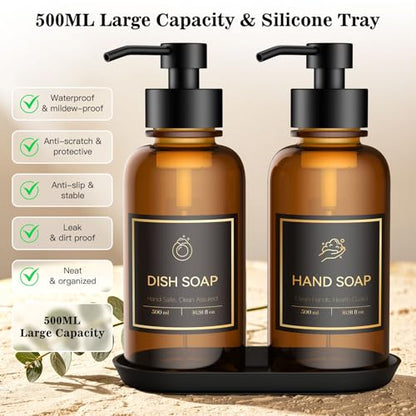 16.9 Oz Glass Foaming Soap Dispenser 2 Pack (Amber) | Refillable Hand & Dish Soap Pump, With Silicone Tray & 8 Waterproof Labels, For Bathroom & Kitchen，Perfect Housewarming Gift