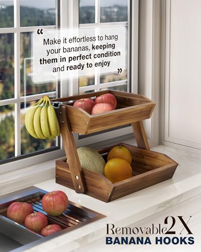 Acacia Wooden Fruit Basket, Fruit Bowl, 2 Tier Fruit Basket for Kitchen Counter, Produce Stand Storage Holder, Heavy Duty/Multipurpose/Large Capacity for Onion Potato, Vegetables, Spice Jars
