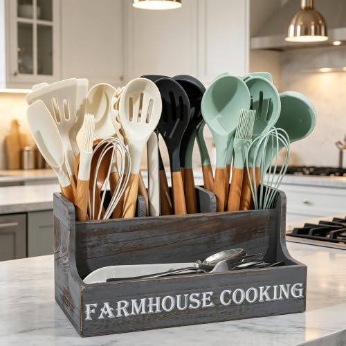 Kitchen Utensil Holder,Wooden Countertop Cooking T... (Light grey | Pine Wood)