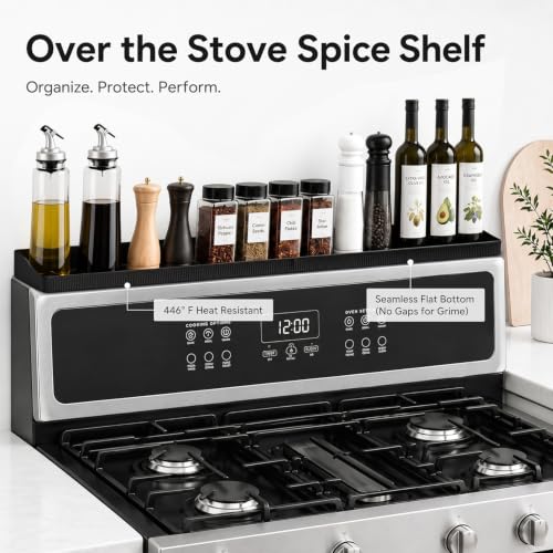 30" Magnetic Stove Top Shelf, Silicone Over the Stove Spice Rack Organizer | Heat Resistant Silicone, Anti-Rattle No-Scratch Range Shelf, 3 Functional Partitions Kitchen Storage for Spices