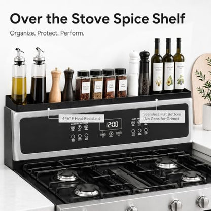 30" Magnetic Stove Top Shelf, Silicone Over the Stove Spice Rack Organizer | Heat Resistant Silicone, Anti-Rattle No-Scratch Range Shelf, 3 Functional Partitions Kitchen Storage for Spices