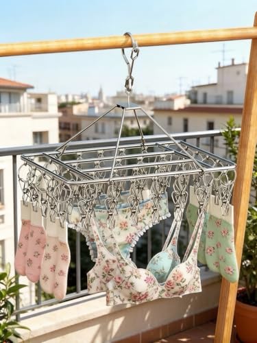 2 Pack Stainless Steel Sock Drying Racks with 80 Clips | 360° Rotatable Hanging Laundry Organizer for Hats, Bras, Baby Clothes, Underwear, Herbs, Towels, Gloves and Other Accessories