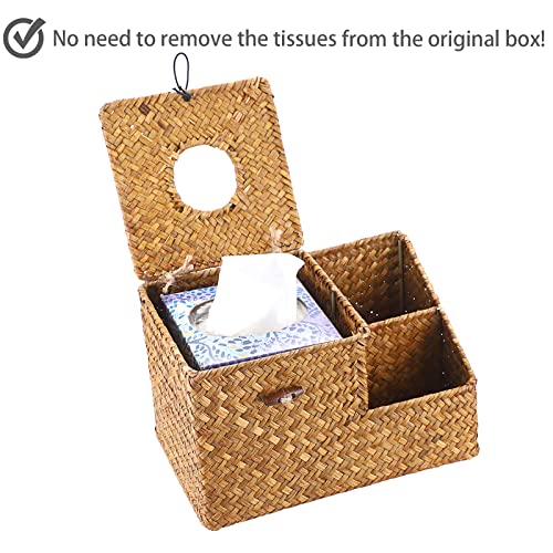 Sumnacon Square Woven Tissue Box Cover - Decorative Cube Tissue Box Holder with Side Organizer, Rustic Seagrass Tissue Box for Living Room Vanity Night Stand Table Countertop Office,Caramel