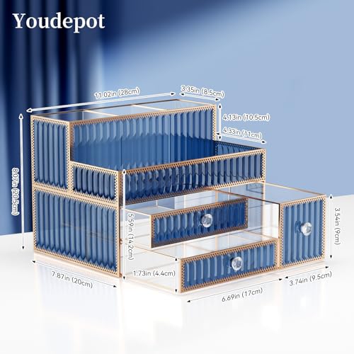 Youdepot Blue Tempered Glass Makeup Organizer | Multipurpose vanity organizer for cosmetics, skincare, hair tools, brushes, perfume and bathroom countertop storage