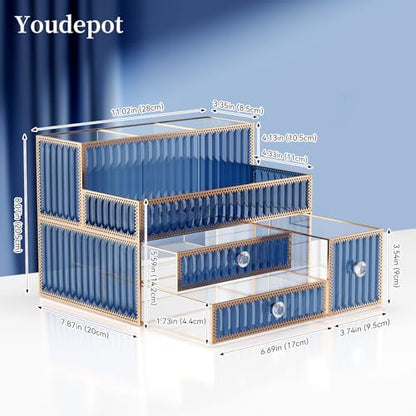 Youdepot Blue Tempered Glass Makeup Organizer | Multipurpose vanity organizer for cosmetics, skincare, hair tools, brushes, perfume and bathroom countertop storage