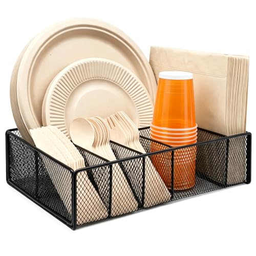 Metal Paper Plate Holder - Utensil Silverware Cadd... (Black | Metal)