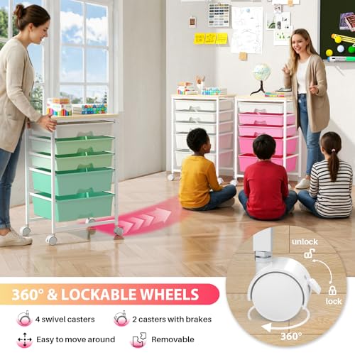 Rolling Cart with 5 Drawers for Craft, Art, Dorm, Office, White | Utility Cart Organizer With 5 Removable Drawers and Wooden Tabletop, Lockable Rolling Storage Organizer for Classroom, Home
