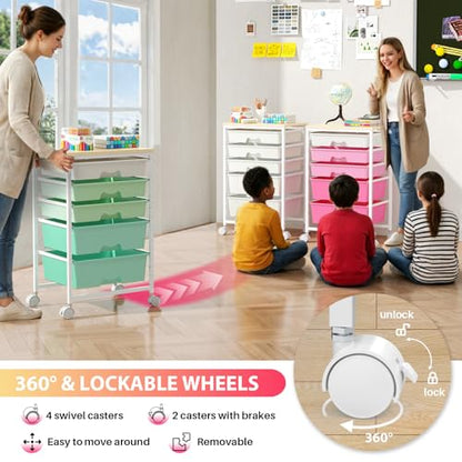 Rolling Cart with 5 Drawers for Craft, Art, Dorm, Office, White | Utility Cart Organizer With 5 Removable Drawers and Wooden Tabletop, Lockable Rolling Storage Organizer for Classroom, Home