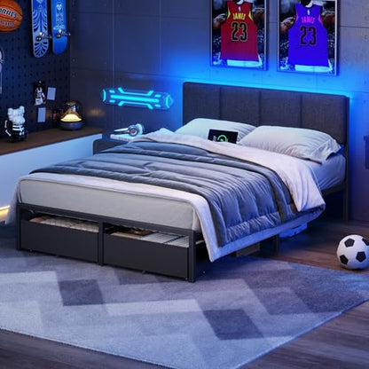Full Size Bed Frame with Upholstered Headboard & 2 Storage Drawers