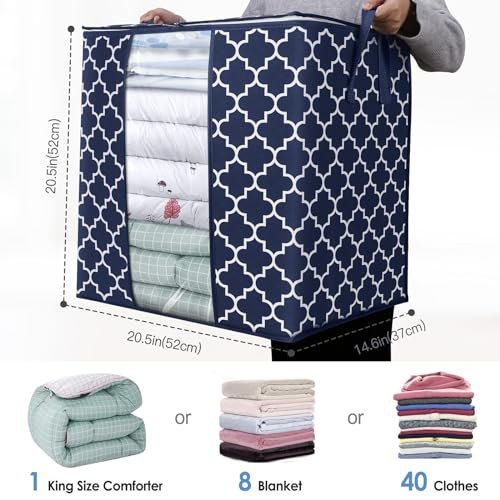 WISELIFE Storage Bags 3 Pack/100L Large Blanket Clothes Organization and Storage Containers for Comforters,Bedding, Foldable Organizer with Reinforced Handle, Clear Window, Sturdy Zippers,Blue