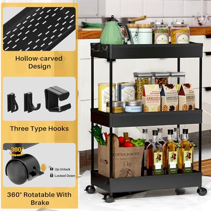 SPACEKEEPER 3 Tier Rolling Cart, Bathroom Cart Organizer with Wheels, Black | Mobile Storage Cart for Laundry Room Organization,Kitchen,Office,Bathroom, Utility Cart for Snack,Craft,Art,Makeup,Nail,Toys