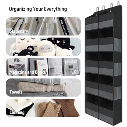 Giraffe Creation Black Over Door Organizer with 10 Large Clear Pockets, Double-Row Hanging Door Storage for Closet, Bathroom, Nursery, Bedroom, Dorm, Toys, Cosmetics, Baby Essentials