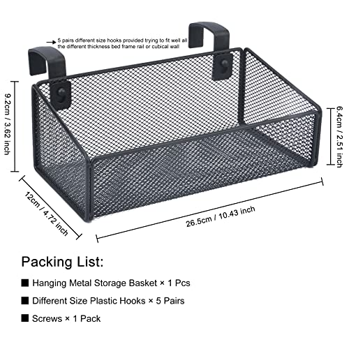 Bedside Caddy Hanging Storage Basket Beside Shelf Metal Organizer for Collage Dorm Bunk Bed,Hospital Bed,Baby Bed - Bedroom Essentials for Magazine,Remote Control,Phone,Drinks (Black)