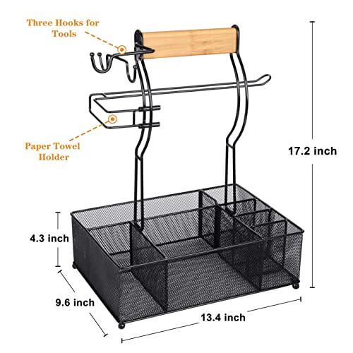 Grill Caddy, BBQ Caddy with Paper Towel Holder for Outdoor Grilling | 7 Compartments, 3 Hooks, Steel Mesh Design, Easy Assembly, Grill Tools Storage, Tailgating & Picnic, Condiment Organizer