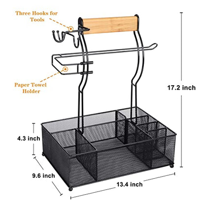 Grill Caddy, BBQ Caddy with Paper Towel Holder for Outdoor Grilling | 7 Compartments, 3 Hooks, Steel Mesh Design, Easy Assembly, Grill Tools Storage, Tailgating & Picnic, Condiment Organizer