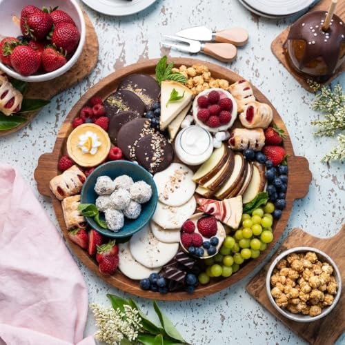 Charcuterie Board 13'' Wood Serving Platter Round Ottoman Coffee Table Tray | Acacia Wood Serving Tray with Handles, Wooden Cheese Board Circular Decorative Serving Platter for Party Supplies, 1 Board