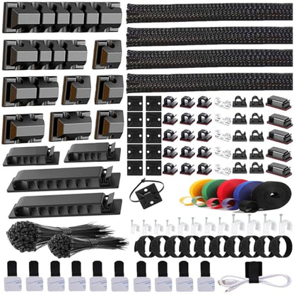 327 PCS Cable Management Kit 4 Cable Cable Sleeves,65 Cable Clips | 13Cord Holders,25 Roll Cable Organizer Straps,200 Fastening Cable Ties,20 Cable Zip Tie Mounts for Computer