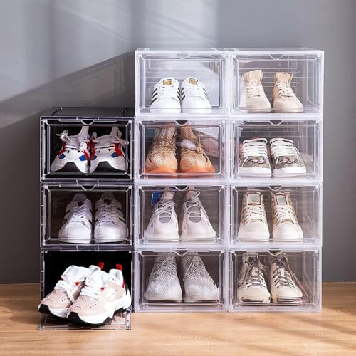 Attelite Shoe Storage Boxes Stackable Clear Shoe Organizer Cabinet,6 Pack | Shoe Box for Entryway Closet,Thicken Sturdy Durable Plastic,Fit up to Men's Size 12,Tool-free Assembly,Magnetic Door