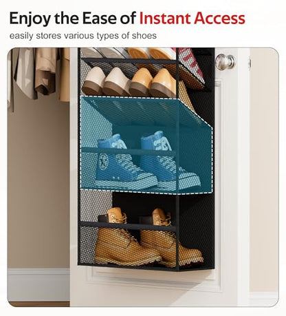 12 Tier Over the Door Shoe Organizer for Closet, Holds 24 Pairs Hanging Shoe Rack for Door with Mesh Pockets, Narrow Shoe Holder Hanger for Sneakers, Boots (Black)