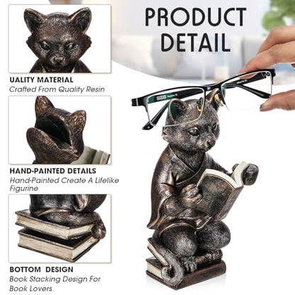 Gerrii Cat Eyeglass Holder Stand, 7.08 in Resin Animal Glasses Holder | Bronze Finish Sculpture for Desk Office Nightstand, Holds Reading Glasses Sunglasses, Decorative Organizer, Cat Lover Gift