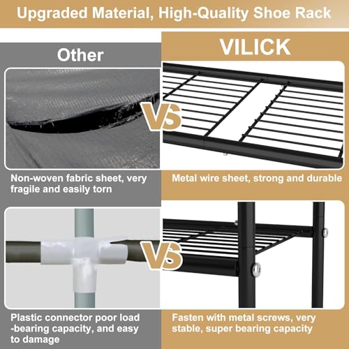 VILICK 4-Tier Shoe Rack 33" Wide Metal Shoe Organizer Long Shoe Storage with 4 Side Hooks Sturdy Shoes Shelf for Closet, Front Door Entrance, Garage, Dorm, Black
