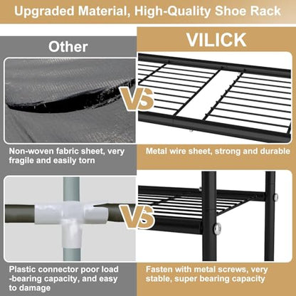 VILICK 4-Tier Shoe Rack 33" Wide Metal Shoe Organizer Long Shoe Storage with 4 Side Hooks Sturdy Shoes Shelf for Closet, Front Door Entrance, Garage, Dorm, Black