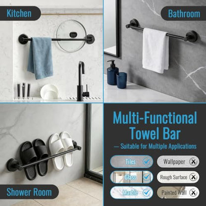 No Drill Suction Cup Towel Bar with Adjustable 14.6-24In | Strong Adhesive Wall Mount, Thickened Stainless Steel Matte Black Towel Rack for Renters, Bathroom Shower & Kitchen Storage
