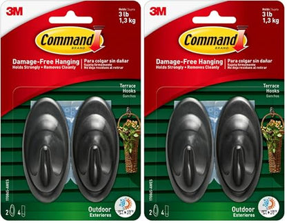 Command Hooks, Black, 3 lb Capacity | Outdoor | Water-Resistant Strips | 2-Hooks 4-Strips | Damage-Free