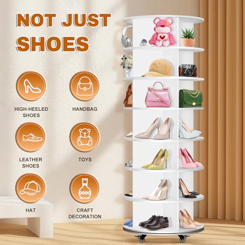 7 Tier Rotating Shoe Rack with 4 Universal Wheels, 360° Revolving Free Standing Shoe Organizer, Multifunctional Storage Revolving Shoe Rack Tower, Spinning Shoe Racks Display Lazy Susan Equipped