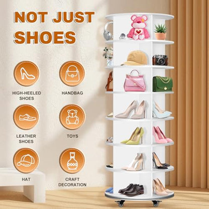 7 Tier Rotating Shoe Rack with 4 Universal Wheels, 360° Revolving Free Standing Shoe Organizer, Multifunctional Storage Revolving Shoe Rack Tower, Spinning Shoe Racks Display Lazy Susan Equipped