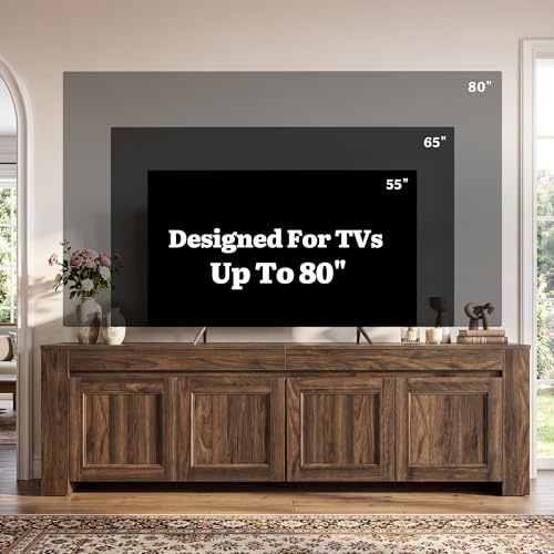 YITAHOME 70 Inch TV Stand with Storage Doors for up to 80" TVs, Dark Walnut | Farmhouse Entertainment Center with Shelves, Media Console Table with Cable Holes for Living Room
