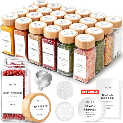 Glass Spice Jars with Label, 24x Bamboo Wooden Lids - White Labels