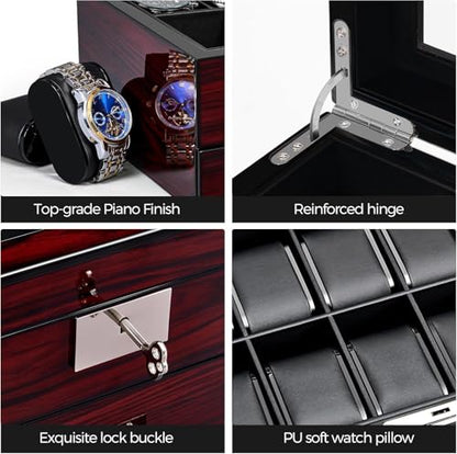 ANWBROAD Watch Box 20-Slot Wooden Watch Case Organizer with Large Glass Lid | 2-Layer Watch Display Case for Men with Removable Watch Pillows, Lockable Watch Storage Box with Piano Paint UJWB002Y