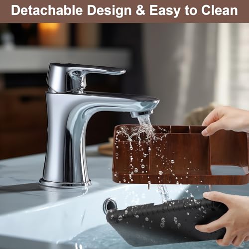 GFWARE Wood Toothbrush Holders for Bathroom Organizer with Drain Holes | Detachable 7 Slots Kid Electric Toothbrush and Toothpaste Holder, Bathroom Sink, Caddy, Tray, Vanity Storage Wood-Look, Brown