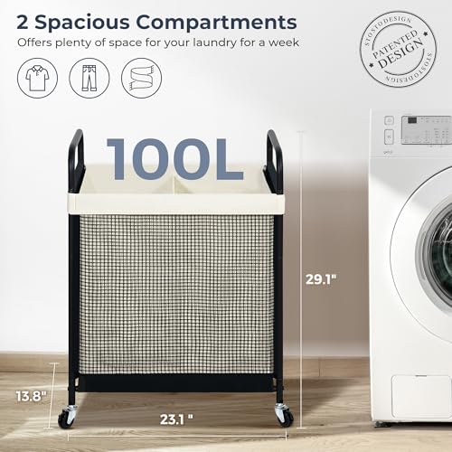 Laundry Hamper 2 Section, 100L Rolling Laundry Sorter Cart with Removable and Washable Liner Bag, Clothes Hamper with Wheels and Metal Handle for Laundry Room and Bedroom
