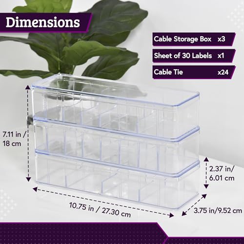 Set of 3 Cable Organizer Box W/Labels - Charger Box, Stackable W/Lids-Cord Organizer Junk Drawer- Cord Storage Box for Desk -Cable Organizer case, Multiuse Organizer