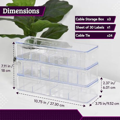Set of 3 Cable Organizer Box W/Labels - Charger Box, Stackable W/Lids-Cord Organizer Junk Drawer- Cord Storage Box for Desk -Cable Organizer case, Multiuse Organizer