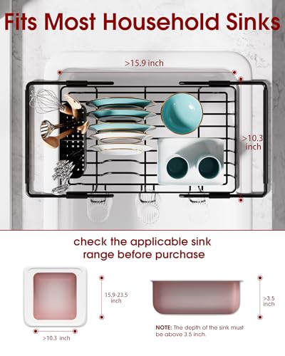 Dish Drying Rack in Sink - Expandable Stainless Steel Dish Rack Over the Sink, Kitchen Sink Drain Strainer with Cutlery Holder & Cup Holders, 15.4 x 9.8 x 3.0 Inch, Black