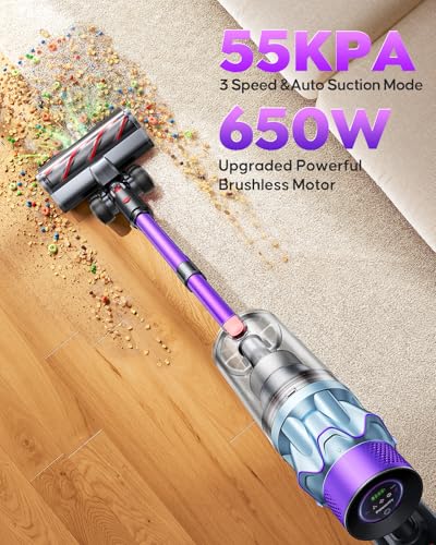 Cordless Vacuum Cleaner 70min/650W/55KPA, Self-Standing Vacuum Cleaners for Home with 3.3Ft Hose & Auto Mode, Wall Mount Charging, Stick Vacuums with Fragrance, Dust-Scraper for Hardwood Floor/Car/Pet