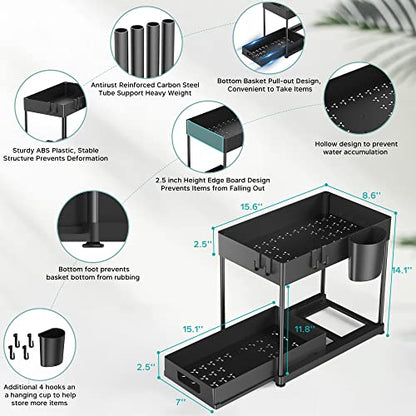2 Pack Under Sink Organizer with Pull-Out Drawer, Black | 2-Tier Cabinet Storage, Kitchen & Bathroom, Tool-Free Assembly, Fits Cleaning Supplies & Toiletries, Space Saving