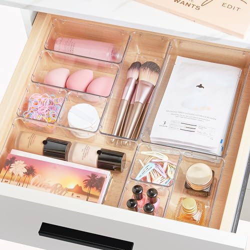 Vtopmart 44 PCS Clear Plastic Drawer Organizers Set, Vanity Organizer Trays | 4-Size Versatile Makeup Organizer, Non-Slip Storage Containers for Makeup, Jewelries, Bedroom，Kitchen Utensils and Office