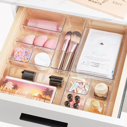 Vtopmart 44 PCS Clear Plastic Drawer Organizers Set, Vanity Organizer Trays | 4-Size Versatile Makeup Organizer, Non-Slip Storage Containers for Makeup, Jewelries, Bedroom，Kitchen Utensils and Office