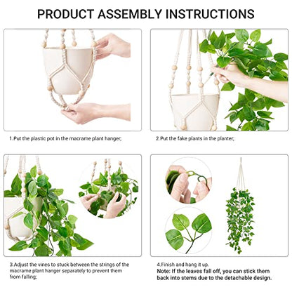 Mkono Fake Hanging Plant, Macrame Hanger with Pothos Vines & Pot, Ivory | Artificial Hanging Plants for Home Decor Indoor, Realistic Look, Perfect for Bedroom Bathroom Kitchen Office Boho Display