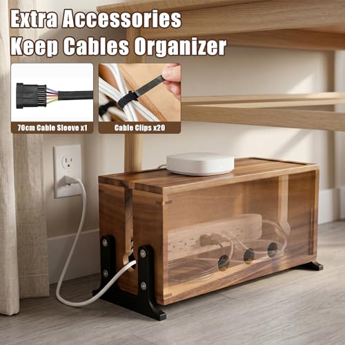 Extra Large Acacia Wood Cable Management Box, Pet Child Safe Cord Hider | Home Decor Cord Organizer, Sturdy Cable Hider Box for Power Strip, TV Wires, Desk & Floor & Office Under Desk Cable